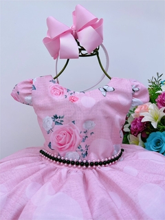 Vestido Infantil Rosa Flores e Borboletas Cinto de Pérolas - comprar online