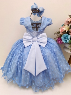 Vestido Infantil Azul Bolinhas Cinto Strass e Pérolas Luxo na internet