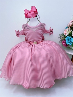 Vestido Infantil Rosê Com Cinto de Pérolas Strass Princesas