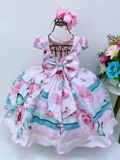 Vestido Infantil Rosa Flores Jardim das Borboletas Pérolas na internet