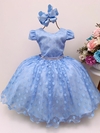 Vestido Infantil Azul Bolinhas Cinto Strass e Pérolas Luxo
