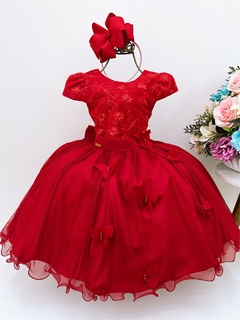 Vestido Infantil Festa Aniversário Vermelho Renda Borboletas