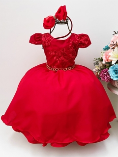 Vestido Infantil Vermelho Renda Com Cinto de Pérolas