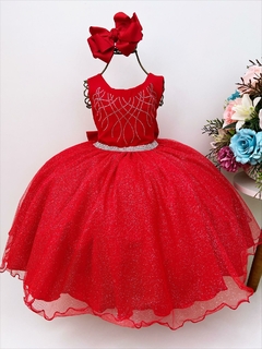 Vestido Infantil Vermelho Busto Com Strass Saia Glitter