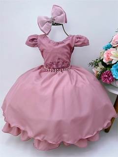Vestido Infantil Rosê Renda Damas Cinto Pérolas