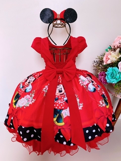 Vestido Infantil Festa Minnie Vermelha Cinto de Pérolas Preto Luxo na internet