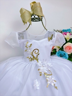 Vestido Infantil Branco Aplique Borboletas Douradas Flores - comprar online