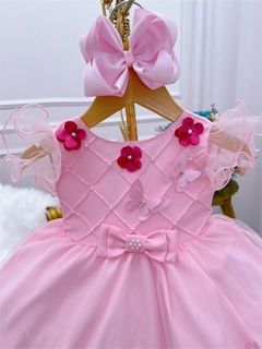 Vestido Infantil Rosa Busto e Saia com Aplique de Flores - loja online