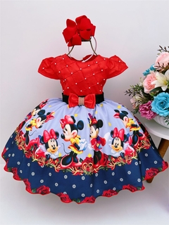 Vestido Infantil Festa Minnie Vermelho Florido Pérolas Luxo