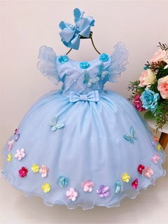 Vestido Infantil Luxo Azul com Aplique de Flores e Borboletas