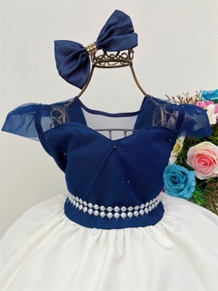 Vestido Infantil Azul Escuro Saia Off com Laço e Pérolas - comprar online