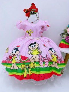 Vestido Infantil Festa Magali Laços Rosa Cinto Pérolas
