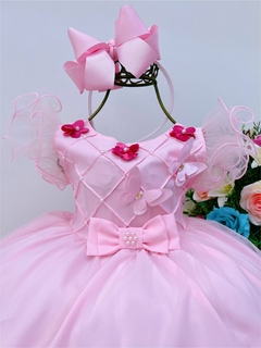 Vestido Infantil Rosa Busto e Saia com Aplique de Flores - comprar online