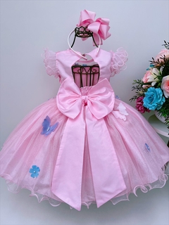 Vestido Infantil de Festa Rosa Aplique Borboletas Brilho Luxo na internet