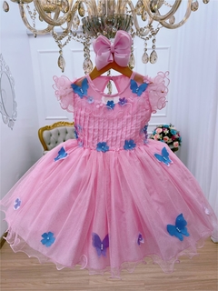 Vestido Infantil de Festa Rosa Aplique Borboletas Brilho Luxo - Gilerá Fashion