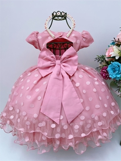 Vestido Infantil Festa Luxo Rosê Renda Tule Bolinhas