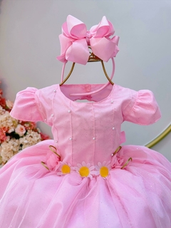 Vestido Infantil Rosa com Aplique de Margaridas Luxo - comprar online