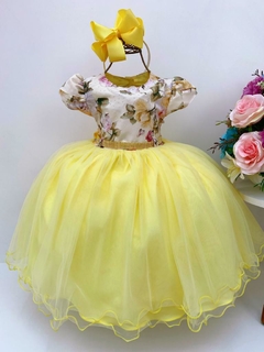 Vestido Infantil de Festa Luxo Amarelo Floral