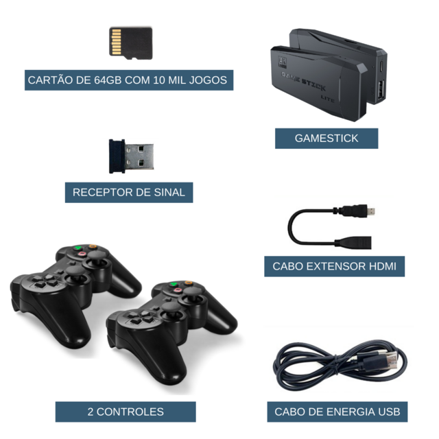 Super Game Stick Retrô Versão 2023 64 GB, com 10.000 jogos + 2 control