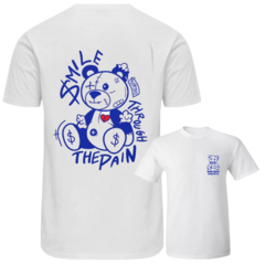 OSO BEAR URBAN STREET WEAR STYLE 14 SMILE THROUGH THE PAIN AZUL REMERA BLANCA