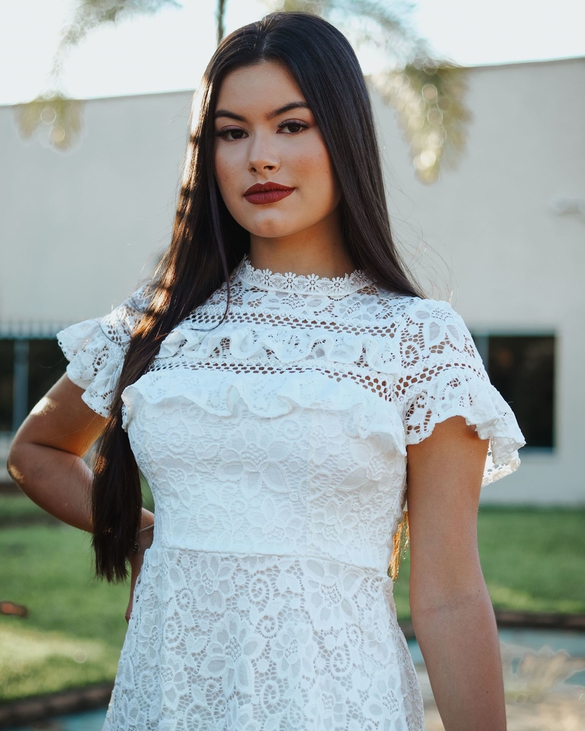 Letícia} Vestido Noiva Curto Rodado Manga Copinho Gola Alta em Tule Poá  Casamento Civil (Branco Off)