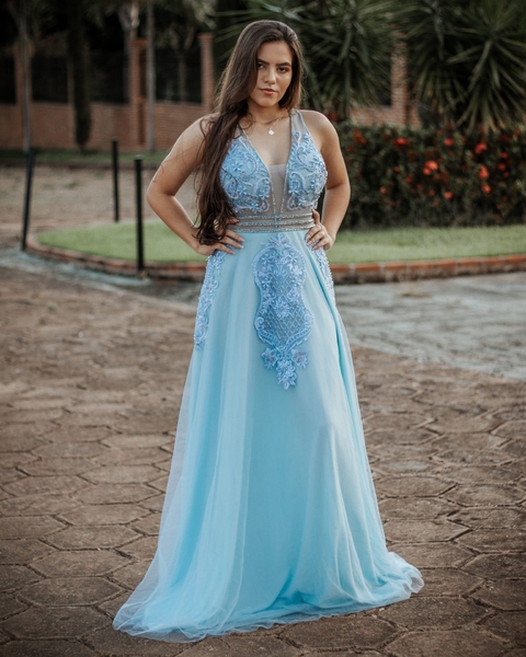 Vestido de festa azul e sale dourado