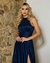 {Liana} Vestido Festa Longo Rodado Gola Alta Drapeada Brilho Glitter com Fenda Madrinha Formatura (Azul Marinho) - comprar online