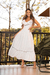 {Ângela} Vestido Midi Longuete Rodado Alça Fina Busto com Babado (Branco Off)