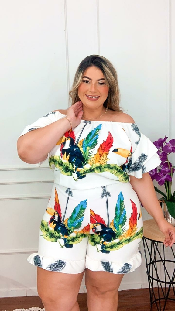 Macaquinho Plus Size Estampado Roupas Femininas GG 48 ao 52