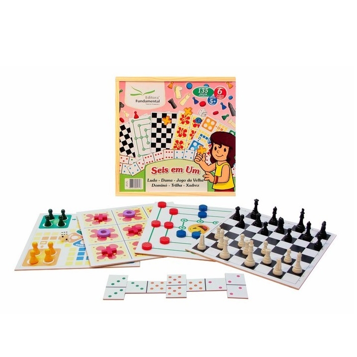 Brinquedo Educativo 5 em 1 Xadrez, Dama, Ludo, Trilha, Jogo da