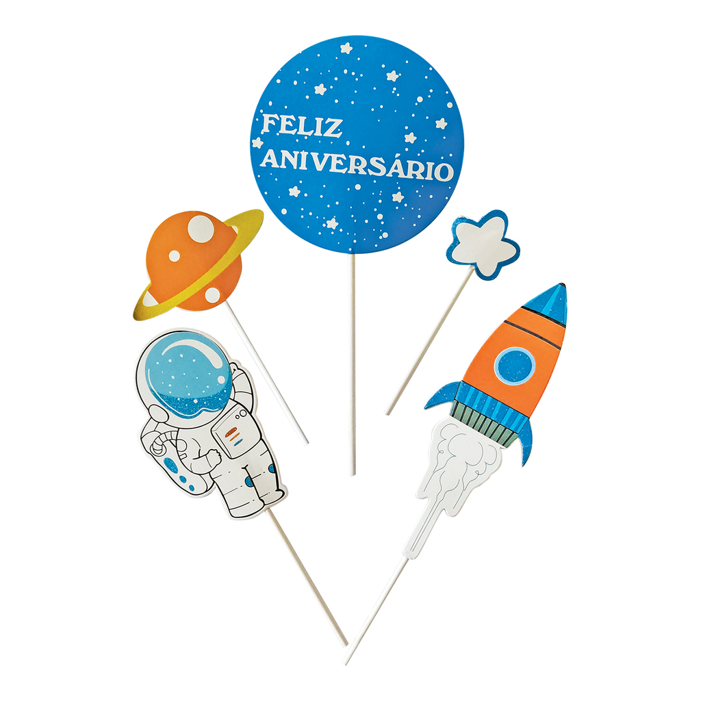 Topo de Bolo Astronauta Parabéns Metalizado - Extra Festas