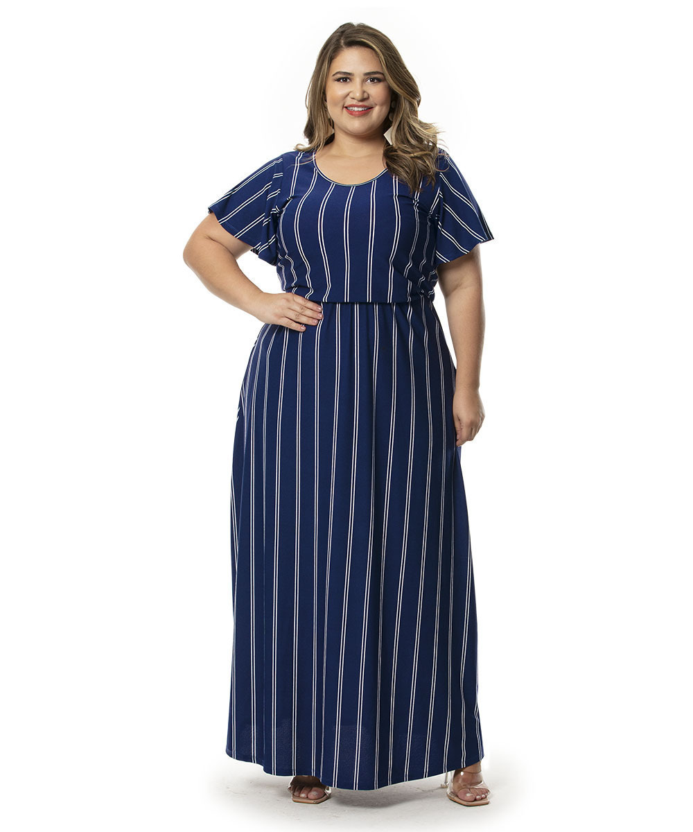 Vestido listrado longo plus fashion size