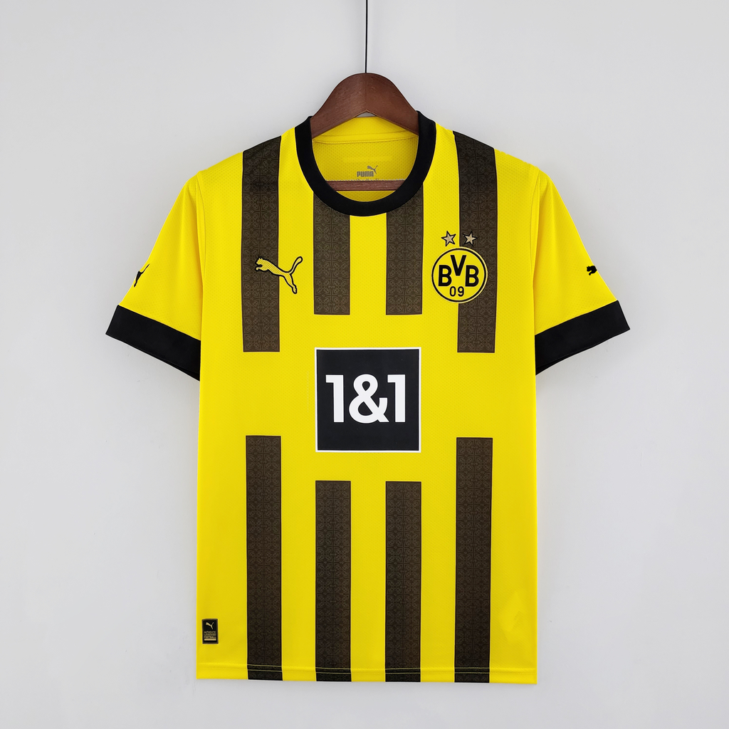 Camisa Borussia Dortmund Home 22/23 Torcedor Masculina - Amarelo e Pre