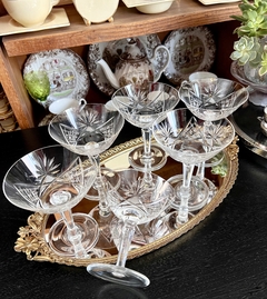 Set de 6 Copas para Champagne Coupe Cristal Tallado Fuste Facetado - Funcy Stuff Antiguedades