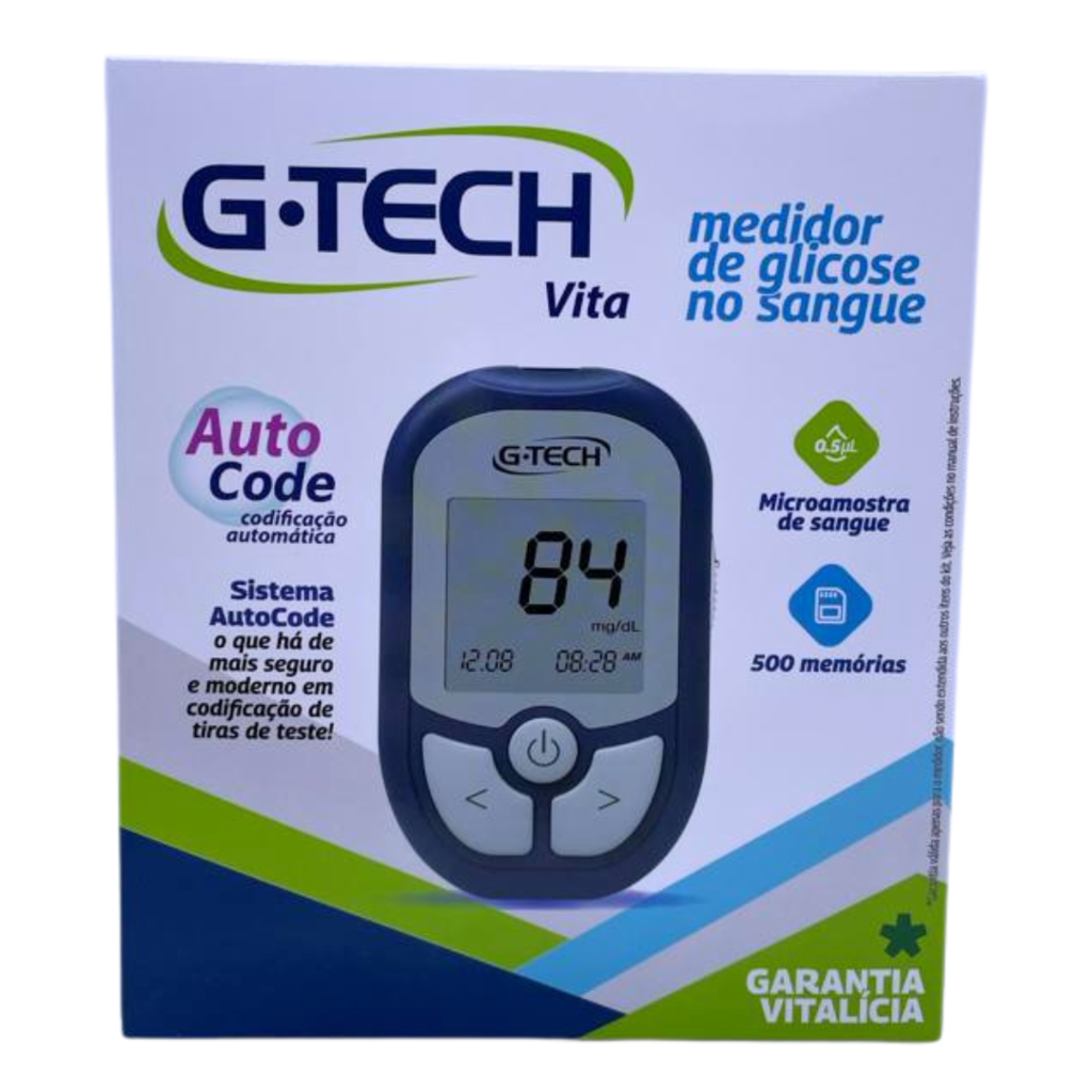 Kit Medidor de Glicose G Tech Vita + 110 Tiras de Glicemia
