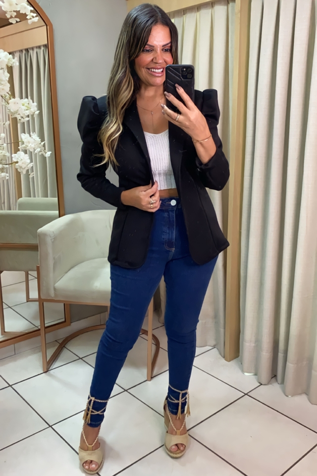 Calça jeans com blazer preto feminino sales