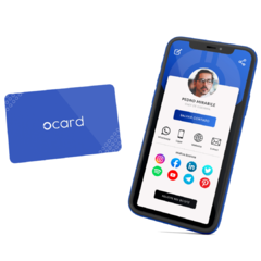Cartão de visita digital azul com QR Code e tag NFC de aproximação. É só encostar e compartilhar suas informações para o celular da outra pessoa.