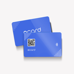 Cartão de visita digital azul com QR Code e tag NFC de aproximação. É só encostar e compartilhar suas informações.