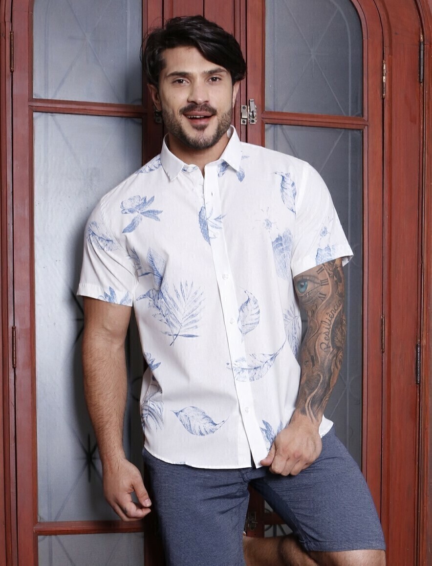 Camisa xadrez de algodão stretch com mangas curtas (Azul-marinho) - Homens