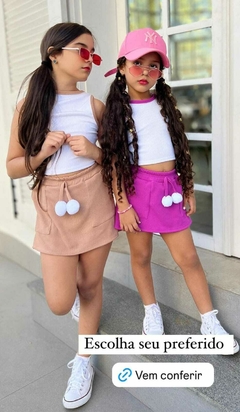 CONJUNTO CANELADO POMPOM SHORTS SAIA na internet