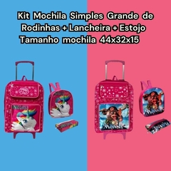 KIT MOCHILA GRANDE DE RODINHAS + LANCHEIRA + ESTOJO MENINA PERSONAGENS - comprar online