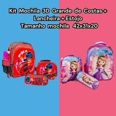 KIT MOCHILA 3D GRANDE DE COSTAS MENINA PERSONAGENS + LANCHEIRA TÉRMICA + ESTOJO - loja online