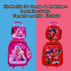 KIT MOCHILA 3D GRANDE DE RODINHAS MENINA PERSONAGENS + LANCHEIRA TÉRMICA + ESTOJO - Atacado Infantil Mundo K