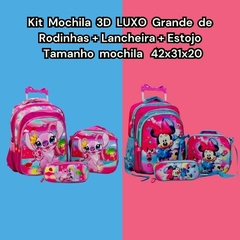 KIT MOCHILA 3D LUXO GRANDE DE RODINHAS MENINA PERSONAGENS + LANCHEIRA TÉRMICA + ESTOJO - loja online