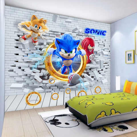 Papel de Parede Infantil Tema Sonic 3D Para Decorar Quarto de Meninos