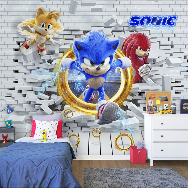 Papel de Parede Infantil Tema Sonic 3D Para Decorar Quarto de Meninos