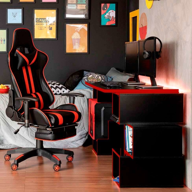 Mesa Gamer com LED Blocks Preta e Vermelha
