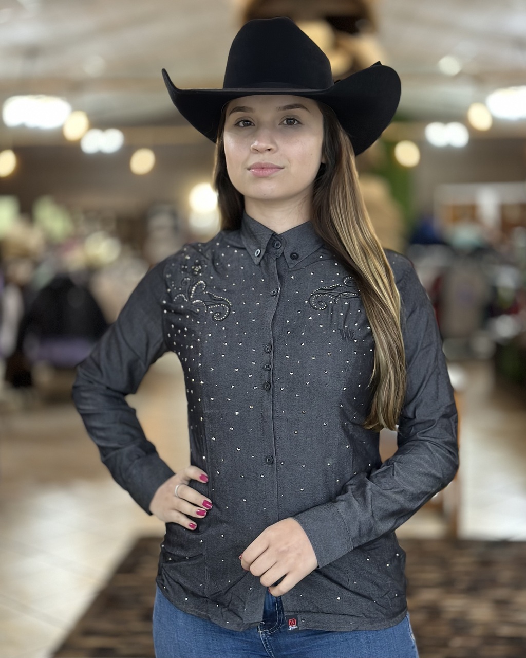 CAMISA LIFE WESTERN COM PEDRARIA MESCLA PRETA