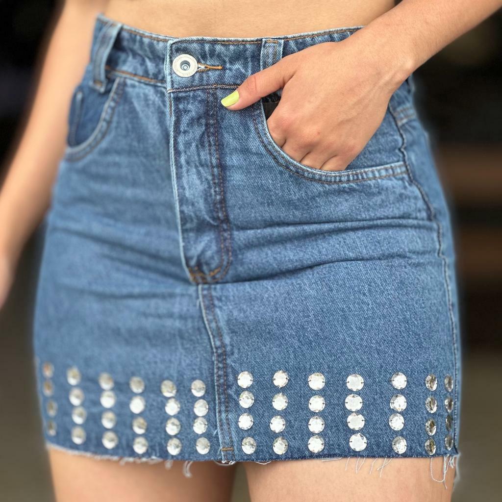 Saia jeans bordada com sale pedraria