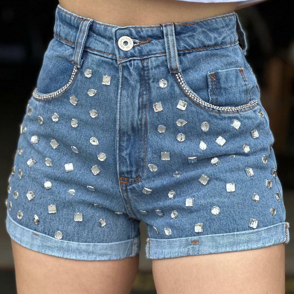 Short jeans com pedraria feminino sale